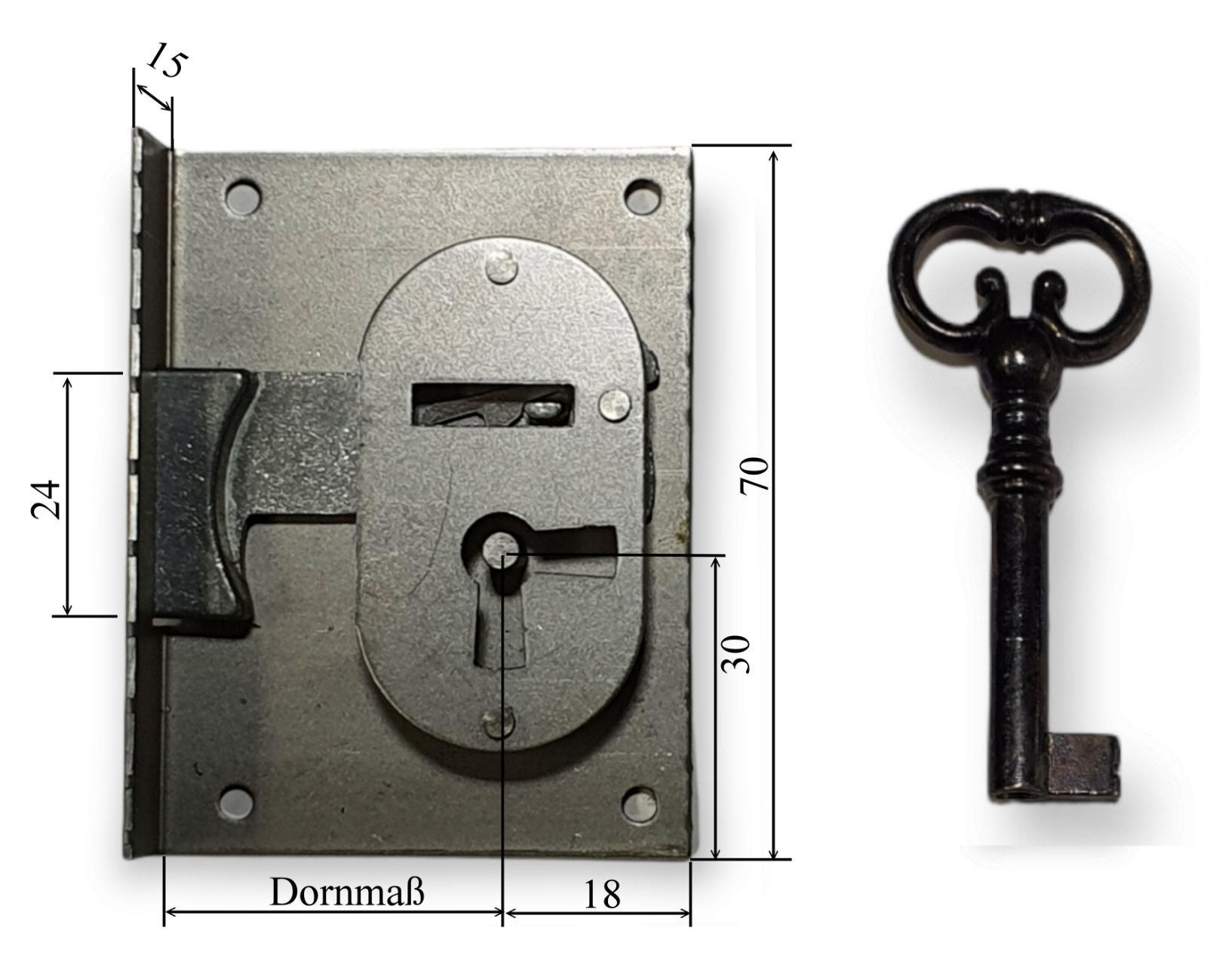 Einlasschloss Eisen roh Dornmaße 15 - 80 mm, Art.5052 15R